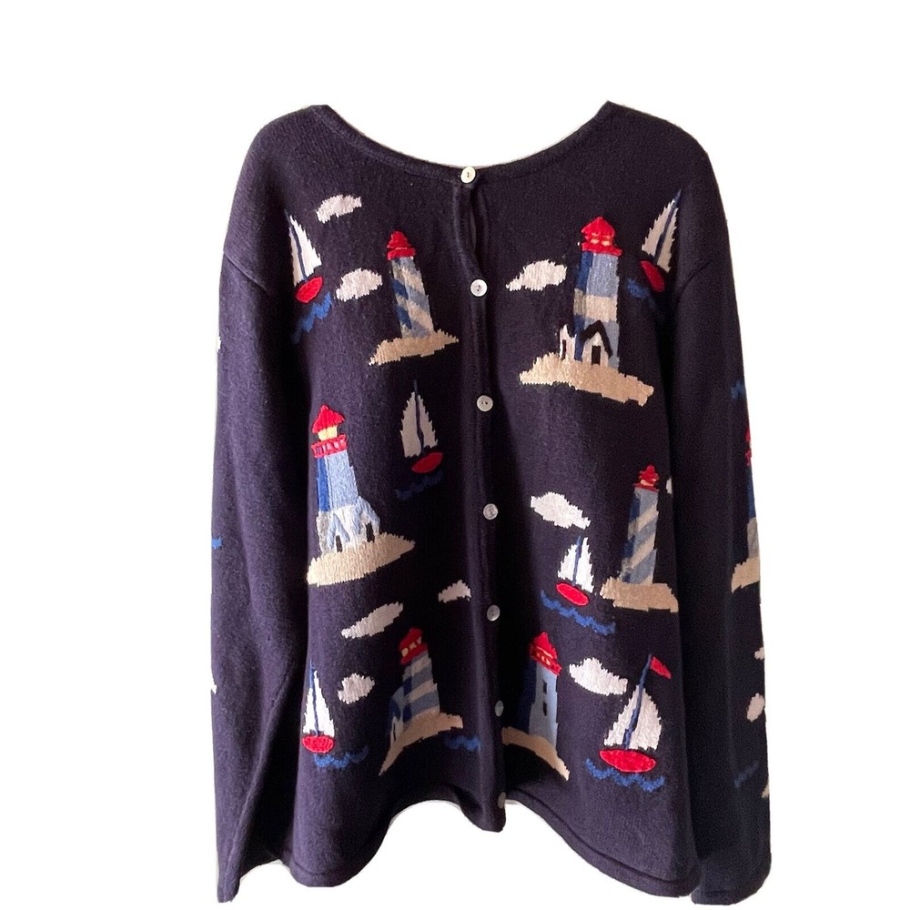 VTG Womens 90s Bonworth Cardigan Sweater L Blue Lighthouse Boat Nautical